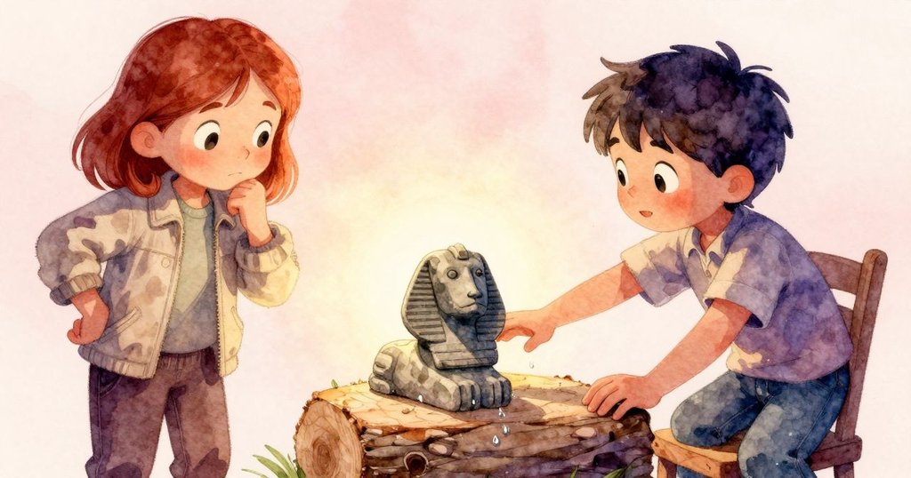 萊恩用石獅壓住已模糊日誌頁面，菲力斯在背景移動椅子擋住水滴，細膩展示專注動作與質感