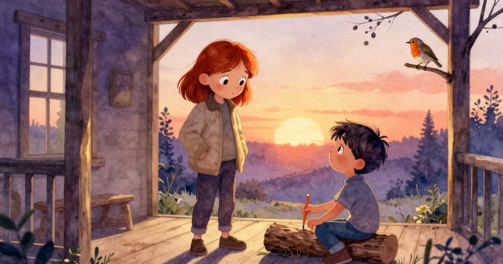 萊恩輕敲日誌鉛筆，菲力斯與知更鳥默然相視，溫柔夕陽中門廊景致完美呼應故事結尾