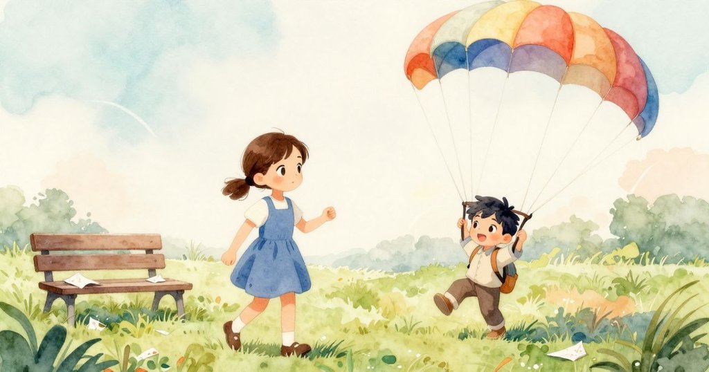 Zara注意到降落傘輕輕落在綠草上，旁邊椅凳與皺紙隨風飄動，溫暖光線中蘊含自然氣息，場面寧靜