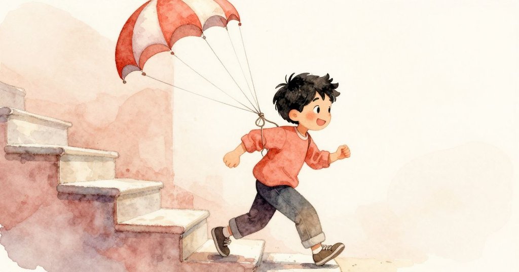 Zev急步下樓梯，攜帶糾纏降落傘動作鮮明，背景透出室內外柔和光線，展現追逐般緊張氣氛