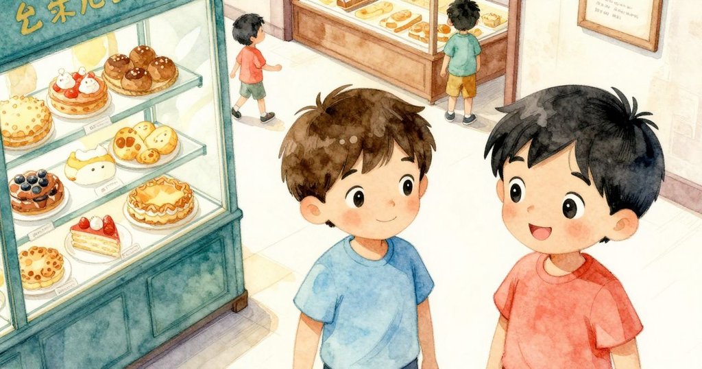 多龍與凱在麵包店裡，從空中俯瞰場景，光線柔和，呈現故事開端的忙碌與溫馨氣氛