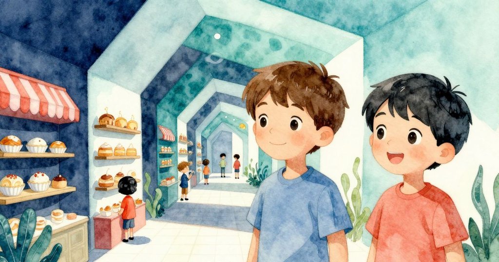 多龍與凱穿越奇異幾何麵包店，線條交錯、光影錯落，呈現故事發展中的驚奇時刻