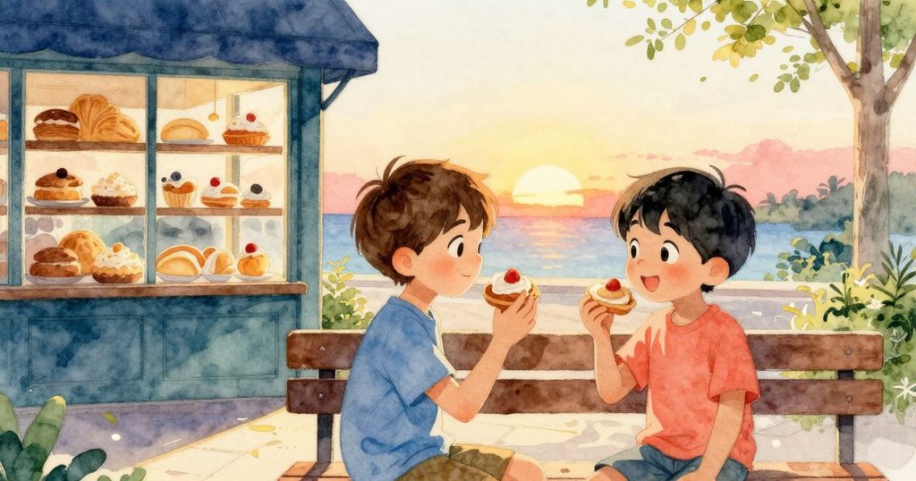 多龍與凱在夕陽下的麵包店外長椅上共享糕點，和煦金光與蒸氣映襯出故事完美結局