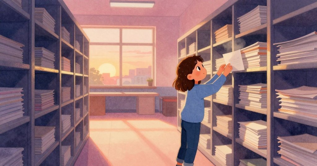 Sian 正在儲藏室中調整歪斜紙疊，周圍有飛舞紙塵，背景有辦公用品，展現專注且溫暖的情景