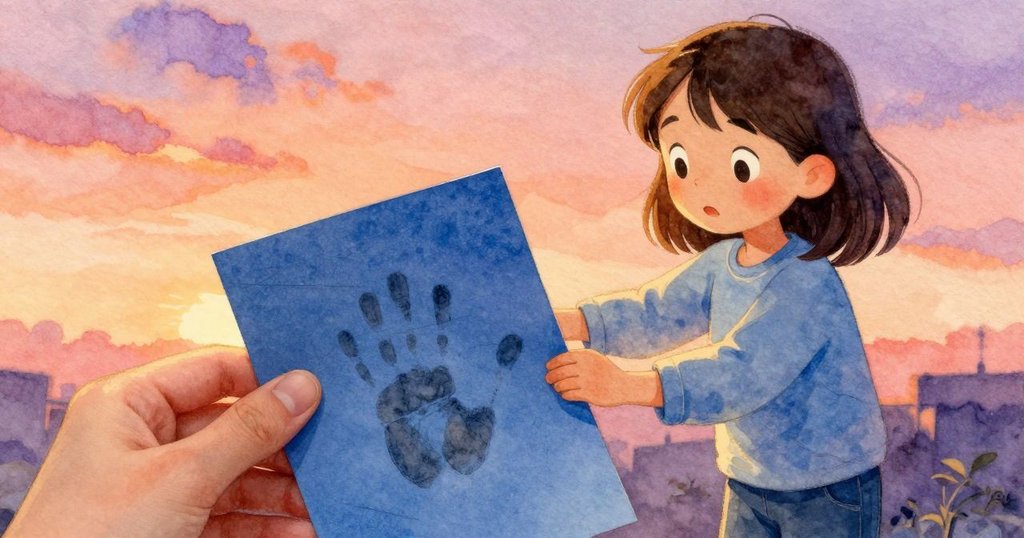 Sian 的手輕觸藍色紙疊，可見灰色指紋與細微劃痕，燈光柔和，彰顯細膩觀察的瞬間