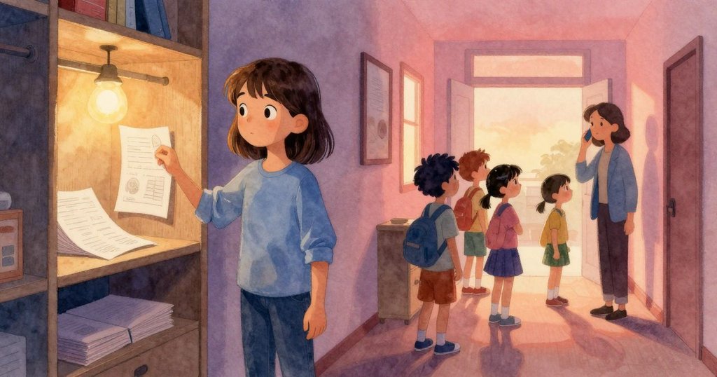 Sian 在分割畫面中左側專注於閃爍燈光下檢視紙疊，右側走廊中學生零散，教師聲音隱約傳來，情境生動