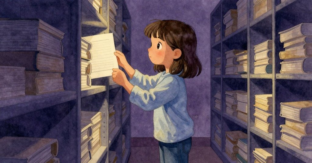 Sian 在儲藏室中注視紙疊，走廊冷光灑入使紙邊呈深藍色，展露隱藏劃痕，情緒中帶著回憶