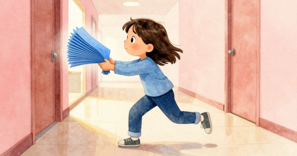 Sian 急速穿越拋光走廊，抱著散開藍色頁面紙疊，步伐急促，表情緊張且決心堅定，動感十足