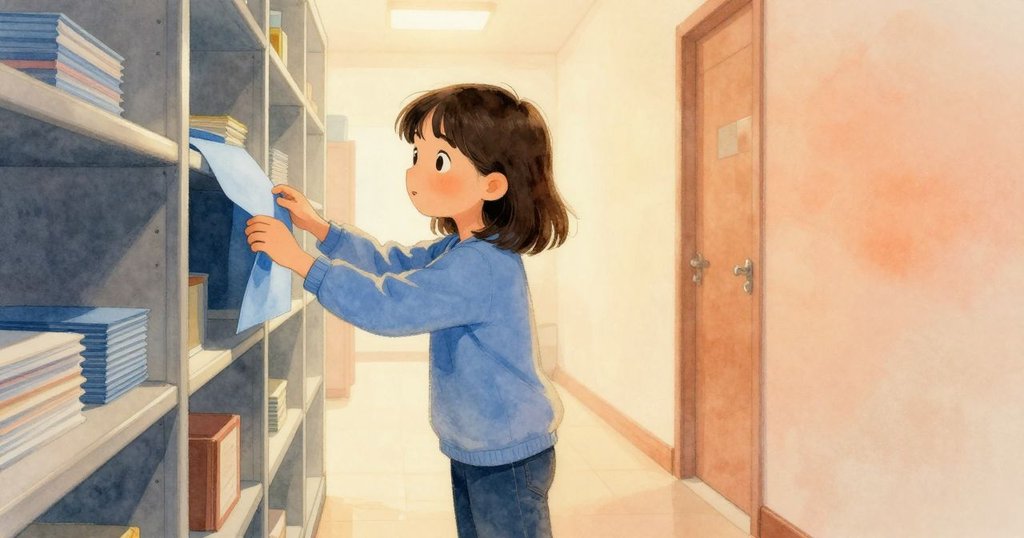 Sian 安靜地在儲藏室中將藍色紙疊放回書架，背景燈光柔和停滯，展現回歸平靜與內心收穫的瞬間
