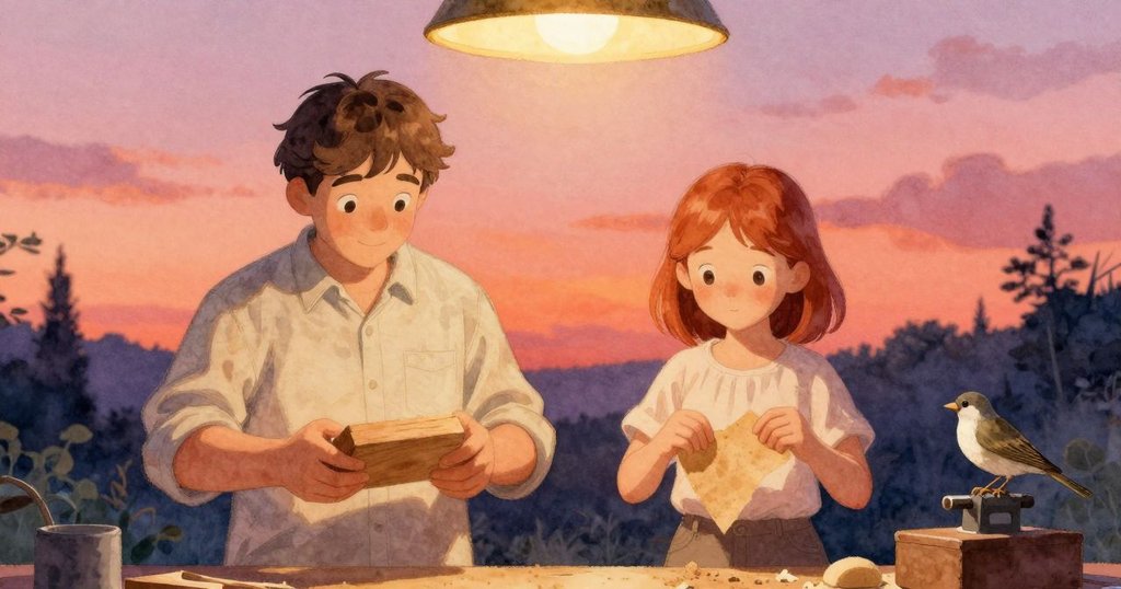 Rafferty與Hedy在木製工作坊中忙碌，小麻雀棲伏工具上，畫面溫暖展現開始創作情景