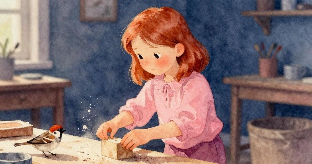 Hedy調整木板，細粉塵在地墊上落下，小麻雀仔細啄取，畫面呈現時間流逝與靜謐細節