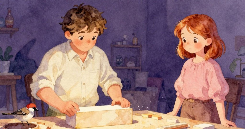 完成工藝後Rafferty輕敲木板，Hedy微笑，小麻雀整理灰塵，畫面展現工作坊圓滿與寧靜的結局