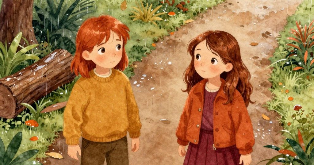 Ruby與Freya在雨中花園小徑上移動，落木濕潤閃爍，從高空俯視展現探索與希望。