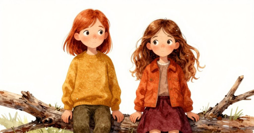 Ruby專注地握著粗枝，Freya拿著細枝同時示意，兩者在雨中落木旁展現出鮮明對比。