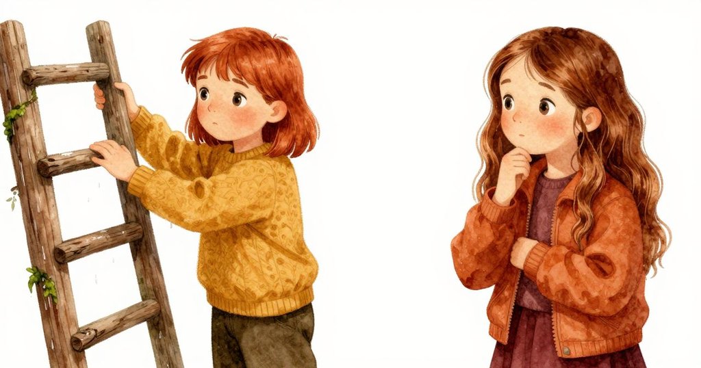 從Ruby視角顯示她雙手調整梯子，在濕潤苔蘚木頭上細緻操作，雨中充滿專注與小心。