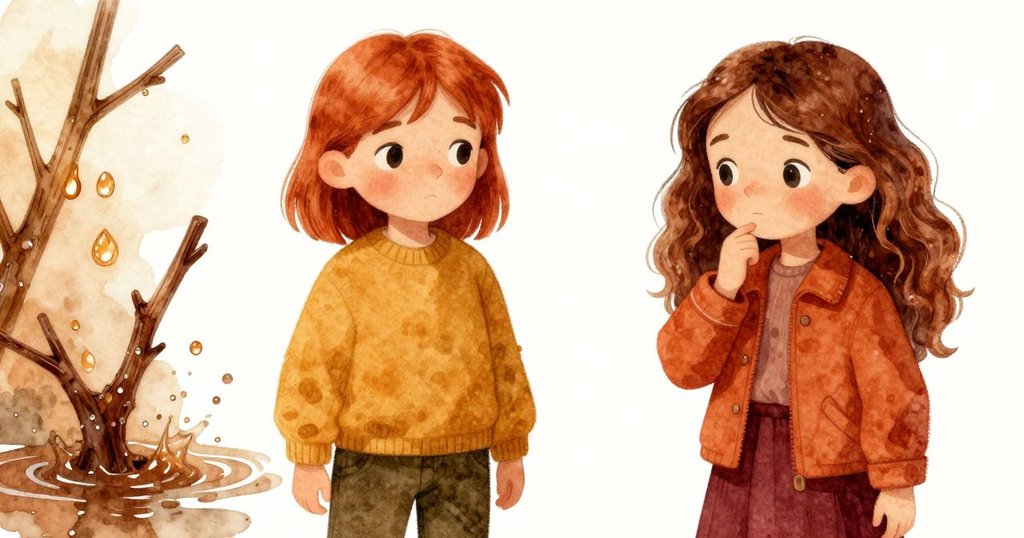 特寫展現木頭縫隙內泥水濺落及融合，雨中樹枝與水滴交織出精緻自然景致。