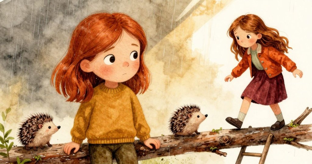 Ruby靠在搖晃梯子上穩定身形，Freya憂心觀望，藍黑刺蝟現身引發緊張懸疑氣氛。