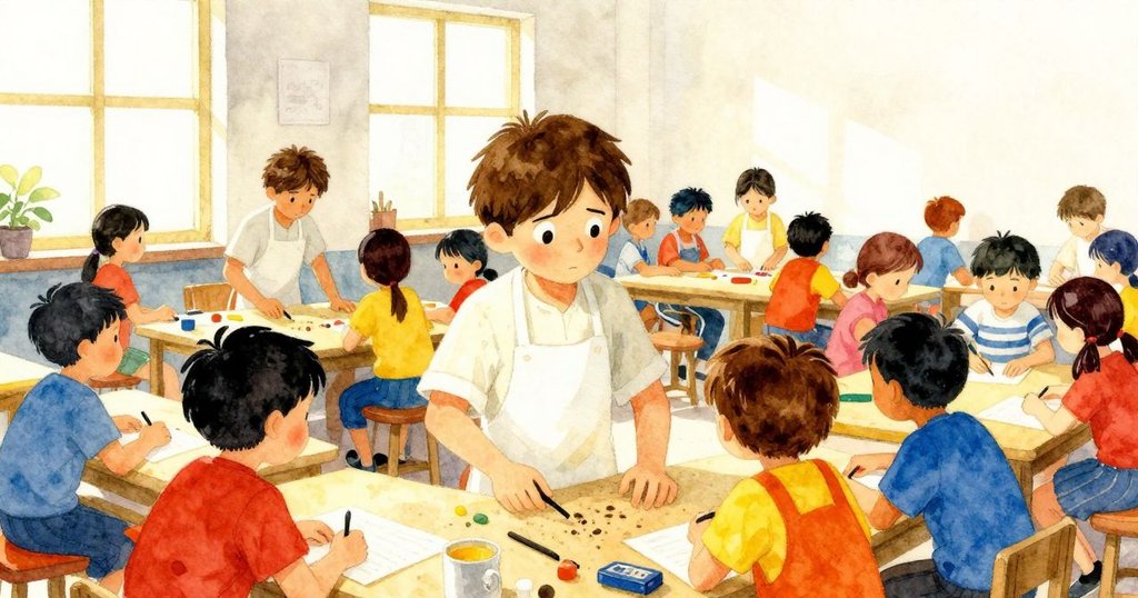 溫斯頓在熱鬧工作坊中忙著打泥,周圍有其他工匠在操作,窗外陽光灑入,充滿合作的氛圍