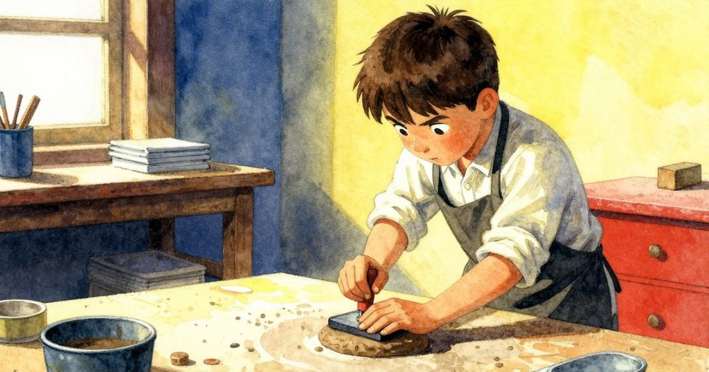 低角度拍攝溫斯頓專注地按壓印章在泥板上,表情堅定,光影交錯中展現工匠精神