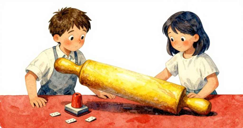 滾圓木杖在傾斜桌面上滑動撞向印章,黏土碎片四處飛散,充滿動感與戲劇性的瞬間