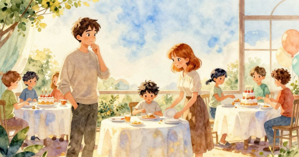 艾蒙靠近蛋糕桌操作, 葉薇和邁爾在旁協助, 房內充滿晨光柔和氣息, 洋溢溫馨派對情調