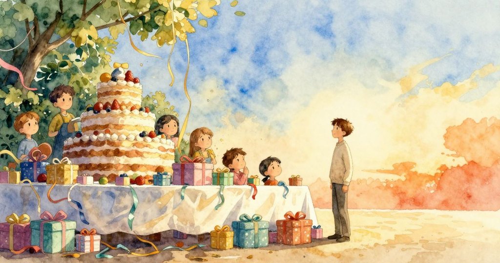 艾蒙後退時, 生日桌子與禮盒呈現錯綜空間, 彩帶漂浮創造夢幻效果, 空間呈現奇異透視