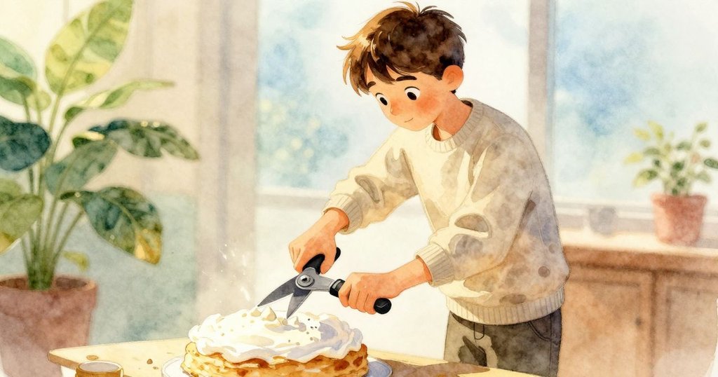 艾蒙專注按壓切刀, 蜡珠滑落融合在霜點上, 動作中展現因果反應, 燭光映襯下流露驚喜