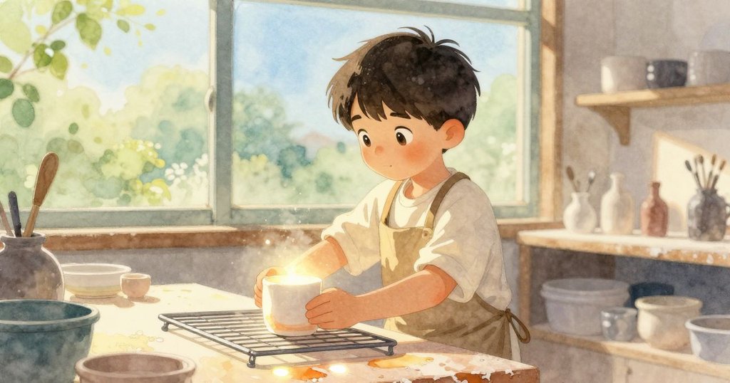 Jasper在明亮工作室中從冷卻架上取出剛燒好的杯子，臉上充滿專注與溫暖，場景展現晨光與反光效果