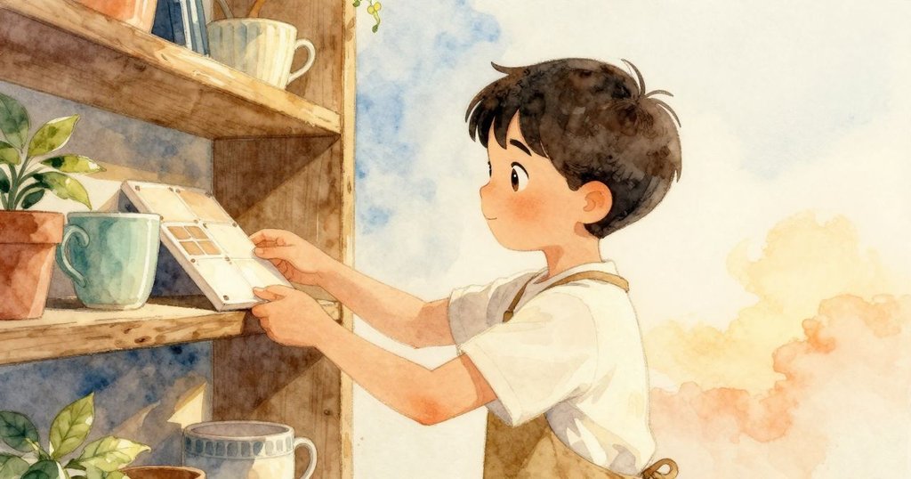 Jasper在溫暖工作室內將薄瓷磚小心放置於高架杯子下，側面視角呈現手部動作和材料對比