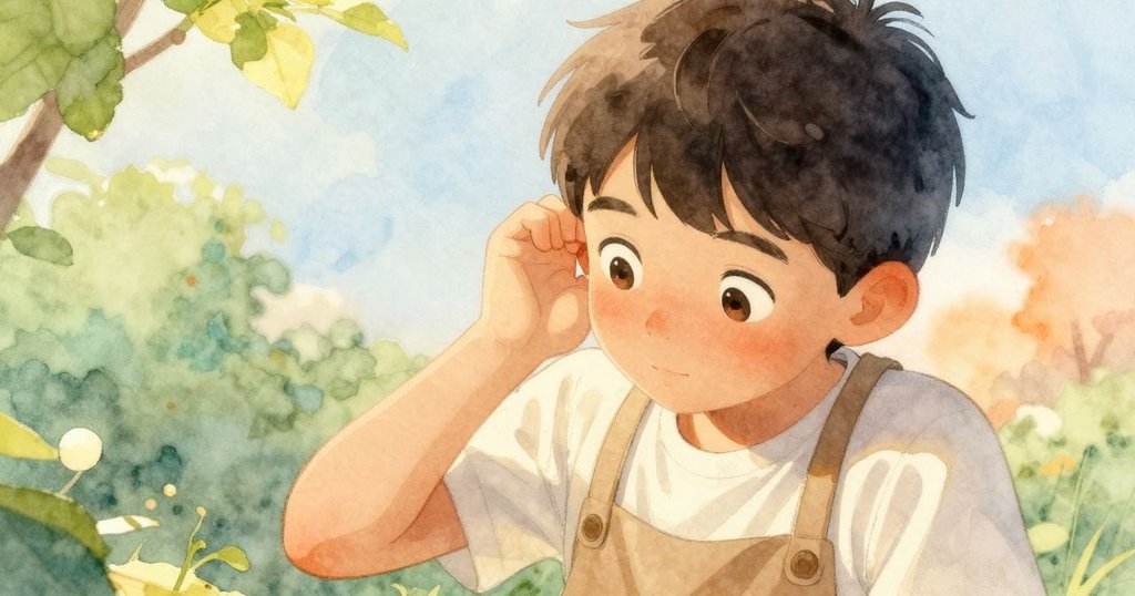 從高角度俯瞰Jasper專注傾聽杯子聲音，耳靠杯沿，畫面充滿柔和光線與細膩瓦片堆疊