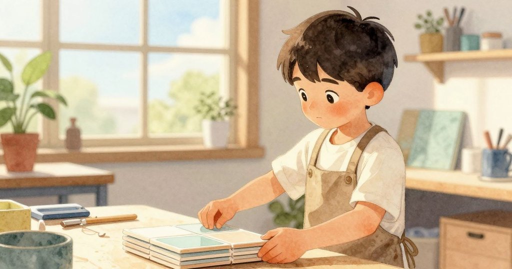 Jasper在新工作室中調整瓷磚堆疊，窗外柔和日光灑落，細膩呈現手部動作與工具細節