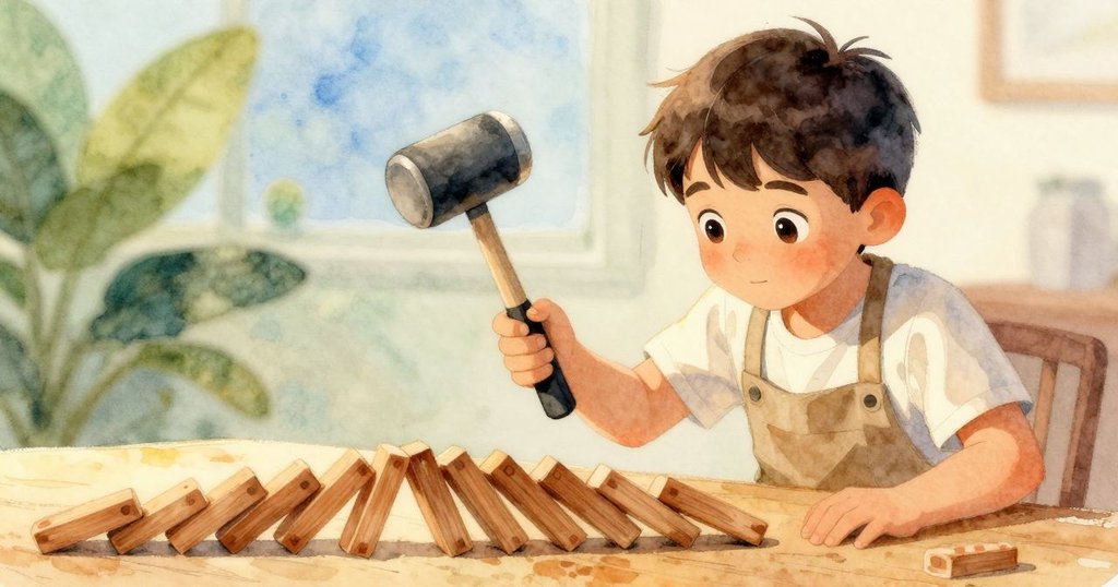 Jasper站在一旁觀看橡皮錘推動碗排連鎖碰撞，臉上流露出關切與淡淡好奇，工作室內暖光映照