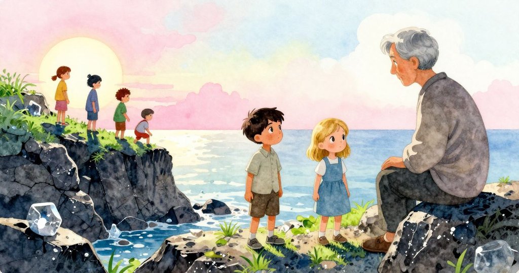 Zeke與Faye在晨光中走向岩石海池，老師在遠處靜靜測量岩塊，場景展現寧靜海邊與期待情緒。