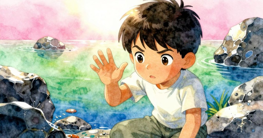 Zeke專注凝視海池中的金黃蟹，伸手遮光並開始細緻描繪，臉上流露出認真與好奇神情。