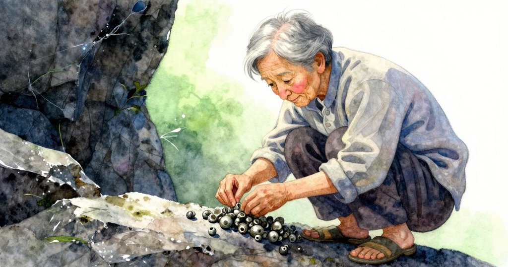 老師從低角度呈現，正仔細測量岩石上附著的藤壺，神情沉穩，背景展現柔和海邊光影。