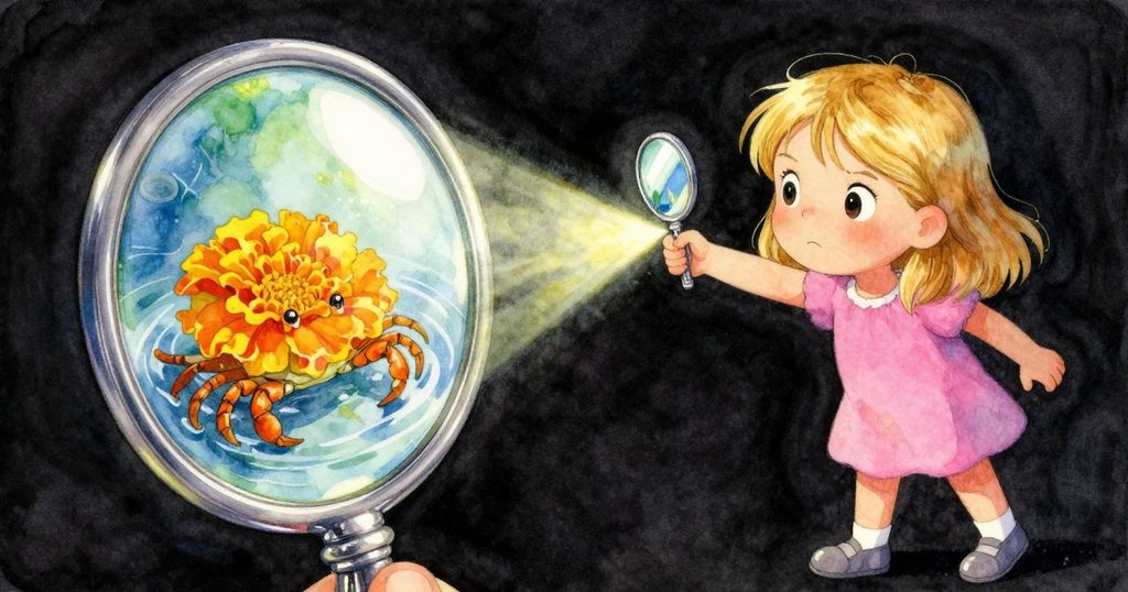 Faye舉起小鏡子引導陽光，將金黃蟹與周圍卵石映照得更為明亮，現實與反射畫面交錯。