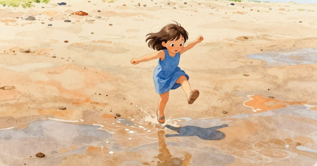 Vita急速躍過閃亮水坑，其倒影與海灘景致交融，展示興奮與海濱低潮的奇妙風光