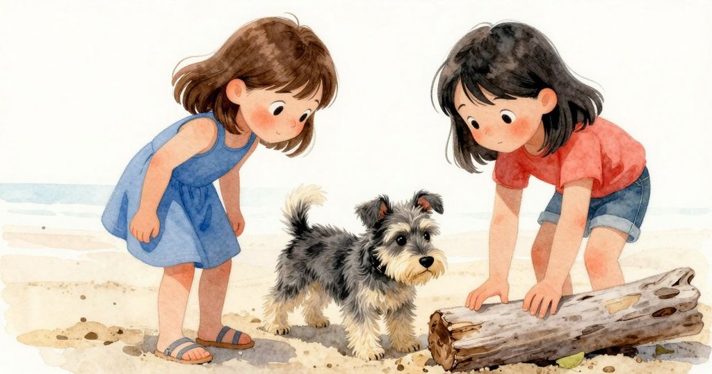 近距離展示Vita手中按壓灰白木枝於濕潤沙面，聚焦紋理與水珠交織的自然細節