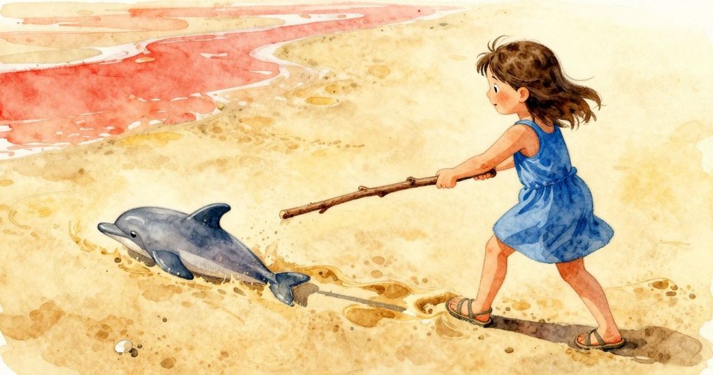 從Vita視角看見她拖曳木枝於濕沙上刻畫出似海豚弧線，臉上流露專注與微笑