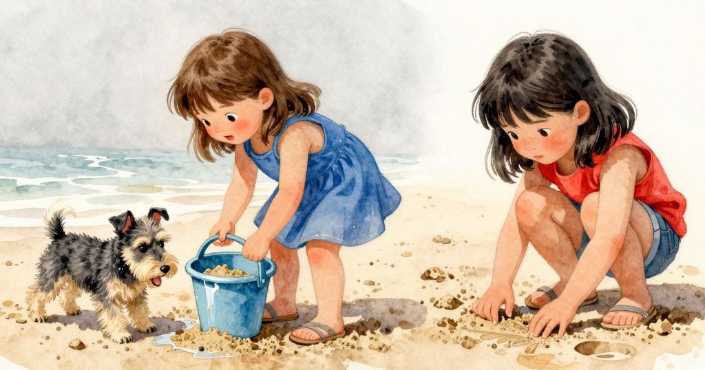Orla專注於水邊裝濕沙，Vita持續畫作，旁邊小狗好奇嗅聞，呈現海灘溫暖生動情景