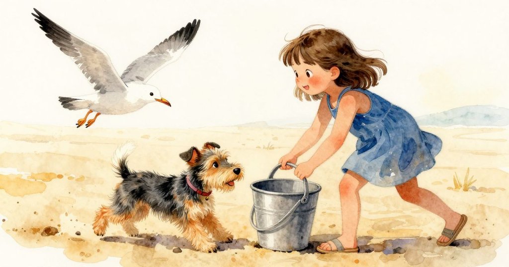 動感場景中，小狗追逐海鷗，Vita急奔扶正傾倒水桶，保護沙堡，展現海灘活力及緊張瞬間