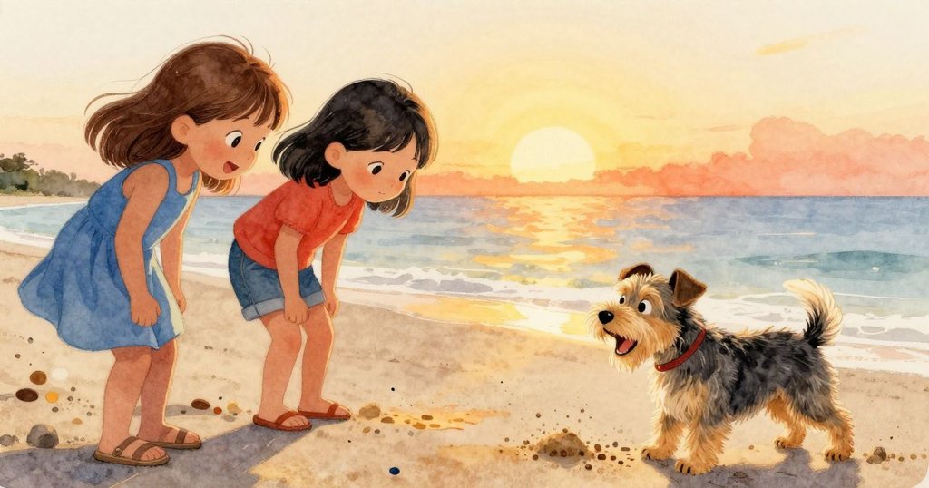 夕陽下，Vita與Orla共享歡笑，潮水刻劃新線與海豚尾融合，小狗撒沙增添歡樂氣氛