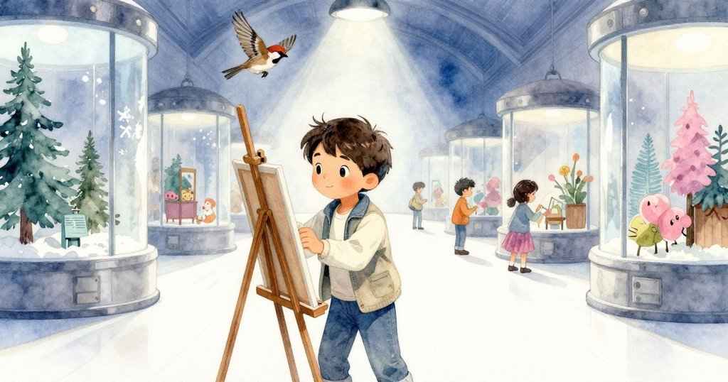 博物館內Warren調整畫架，麻雀輕掠陰影間，眾多參觀者圍觀，燈光強烈營造熱鬧氛圍。