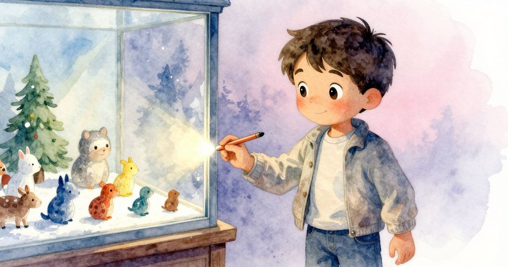 Warren站在展示櫃旁，注視陳列的小雕刻物，室內燈光與窗外黃昏柔和交融，情景靜謐溫馨。