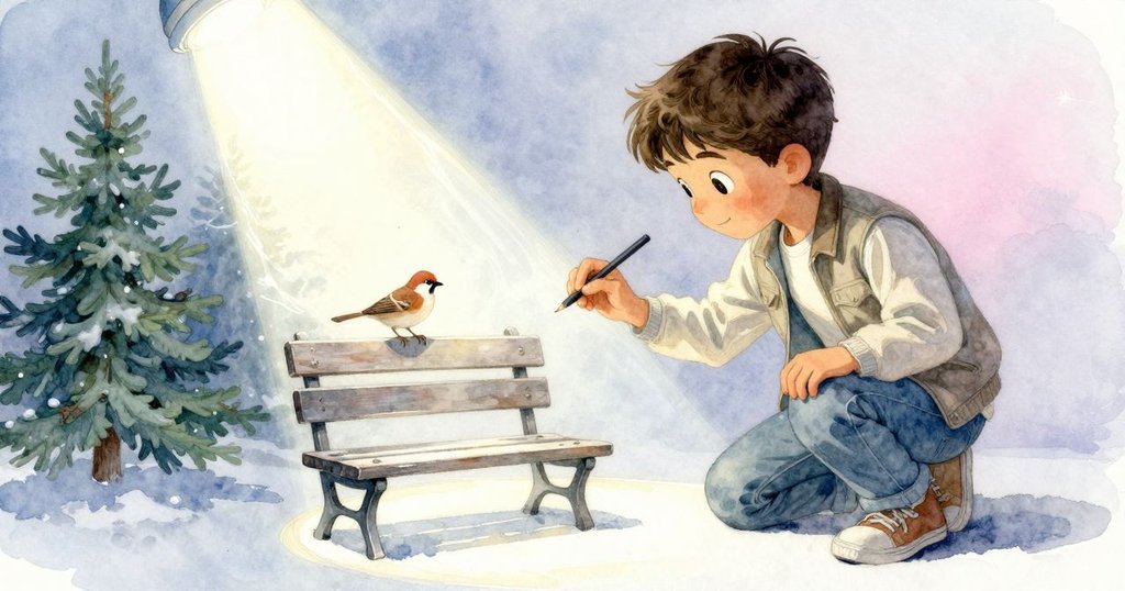 Warren在光線扭曲中繼續作畫，微型木工作臺上光影異變，麻雀棲於繩上營造出奇幻幾何效果。