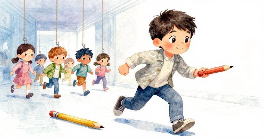 Warren急追滾動的鉛筆，走廊中歡笑導覽團以繩索阻擋，動感十足展現決心與緊迫感。