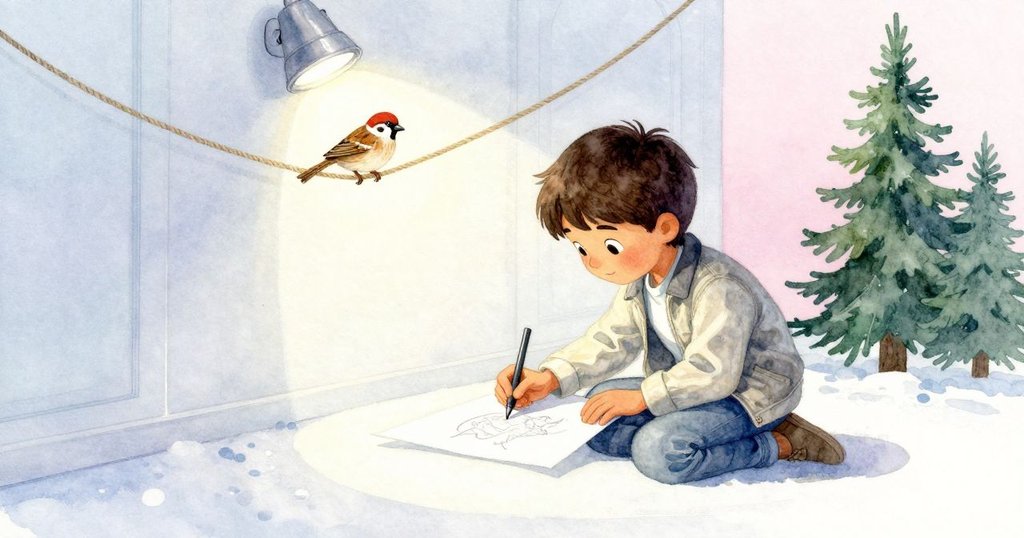 Warren在走廊清空後回到畫角，平靜地完成作品，麻雀安然棲繩，整個角落燈光均勻呈現寧靜結局。