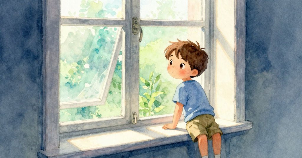 Sam在充滿柔和晨光的室內窗台前仔細探查移動的色譜，表情充滿好奇與溫暖。