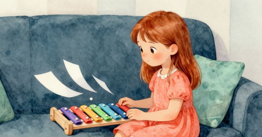 Sam的背後視角中，Gemma坐在沙發上，專注閱讀，旁邊放著玩具木琴，窗邊光線柔和且充滿靜謐。