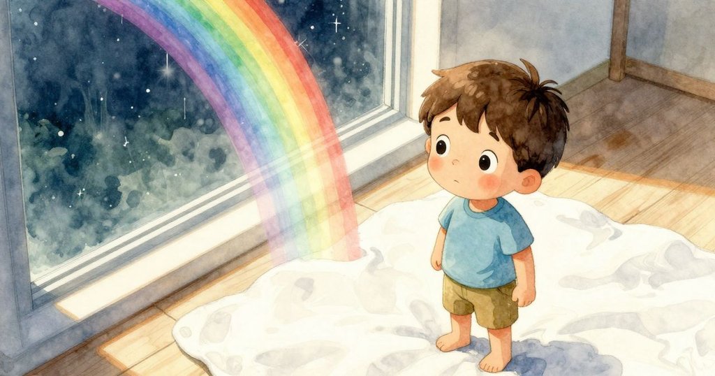 從高處俯瞰窗台上玻璃與地上白紙的安排，彩虹隨陽光移動而變細，營造出動靜相宜的溫馨。